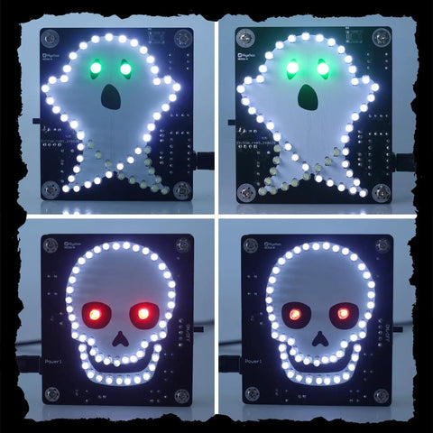Skull Ghost Soldering Project Kit with flashing lights; ghost PCB with green lights, skull PCB with red lights. DIY practice kit.