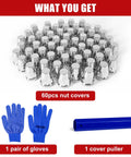 60Pcs Lug Nut Covers Kit 33mm Flat Top Thread On ABS Chrome Plastic For Heavy Duty Semi Trucks Trailers RVs Fits 32mm 33mm Hub Piloted Wheels On 22in 22.5in 24.5in Rims Includes Gloves And Cover Puller