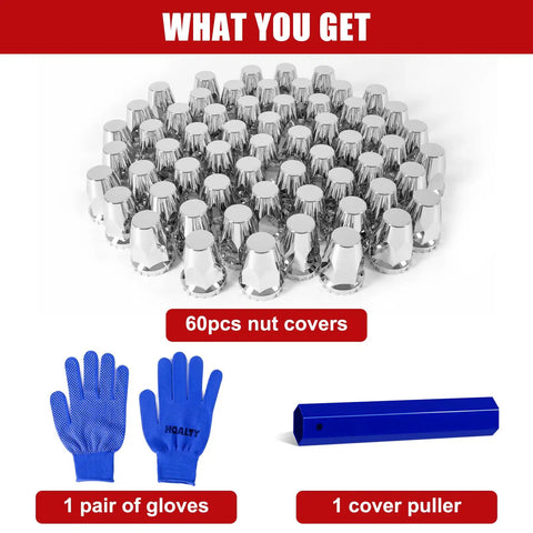 60Pcs Lug Nut Covers Kit 33mm Flat Top Thread On ABS Chrome Plastic For Heavy Duty Semi Trucks Trailers RVs Fits 32mm 33mm Hub Piloted Wheels On 22in 22.5in 24.5in Rims Includes Gloves And Cover Puller