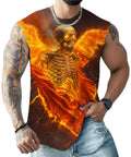 Mens 3D Print Skull Sleeveless Gym Tank Top Quick Dry Lightweight breathable stretch athletic muscle tee, orange skeleton design.