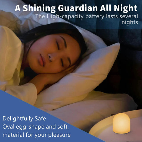 Woman sleeping with Color Changing Mini LED Night Light 7 Color Rainbow Mood Lighting Cordless Battery Powered on bedside, oval shape