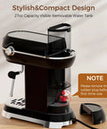Pro Espresso Maker With Auto Milk Frother 20 Bar Pressure Brews Silky Lattes And Cappuccinos Quick Setup Removable Tank compact design with visible water tank.