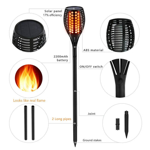 Diagram showing the 43 Inch Solar Torch Lights With Realistic Flickering Flames 2 Pack, detailing construction components.
