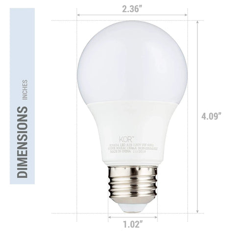 Single A19 LED bulb with dimensions, part of Pack Of 6 A19 LED Light Bulbs 60W Equivalent 5000K Bright White 800 Lumens 9W Replacement E26 Base.