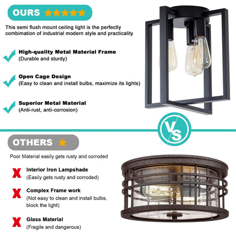 Comparison of Vintage Square Black Ceiling Light Fixture 3 Light Industrial Farmhouse Modern Geometric Metal Ceiling Lamp with Retro Vibe versus others.