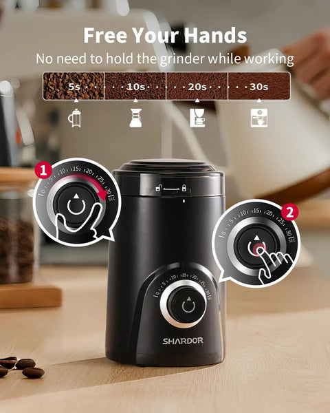 Electric Coffee Grinder With 70g Large Capacity And Visual Timing Knob For Precise Grind, Quiet Bean Grinder in kitchen setting.