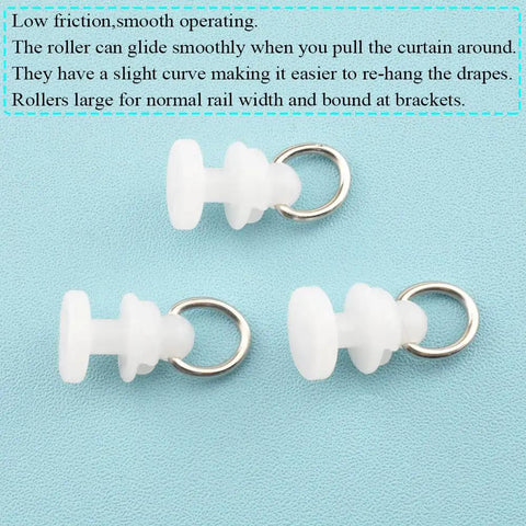 Heavy Duty Ceiling Curtain Track Carriers With Smooth Glide Rollers 11mm Diameter Drape Pulleys Brackets For L Shape And U Shape Tracks Plastic White 50 Pack Ideal For Room Dividers And Drapery Systems.