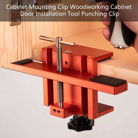 Easy Cabinet Door Mounting Clip And Installation Tool for secure kitchen cabinets in use, showing close-up of red clip.