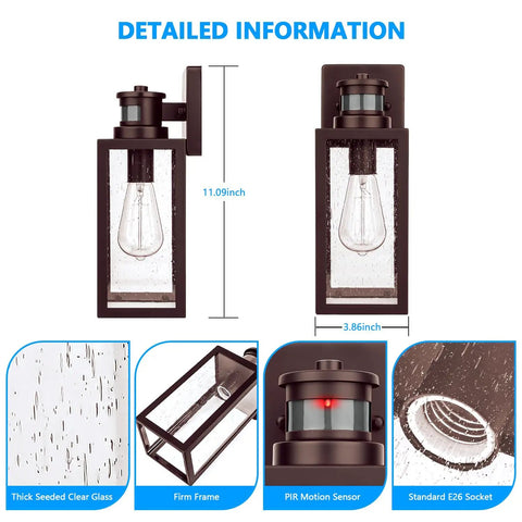 Outdoor Wall Lantern With Motion Sensor For Dusk To Dawn Auto Brightness Waterproof Anti Rust Sconce With Seeded Glass Wall Mount Porch Light dimensions and features