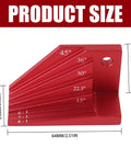 Red bevel gauge block for woodworking universal miter angle finder with 15 to 45 degree presets, dimensions shown.