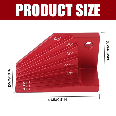 Red bevel gauge block for woodworking universal miter angle finder with 15 to 45 degree presets, dimensions shown.