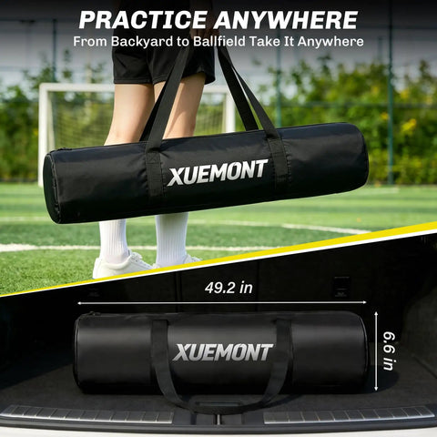 16x10 Ft Backstop Net For Baseball Soccer Basketball And Lacrosse All Sport Backyard Practice Net with carry bag shown outdoors and in a car trunk