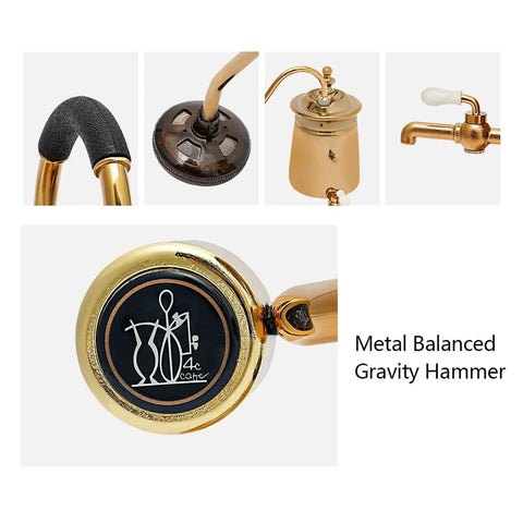 Close-up of the Royal Belgian Siphon Coffee Maker In Gold Retro Siphon Brewer For Rich Clean Tasting Coffee Easy Pour Kitchen Showpiece detailing metal balanced gravity hammer.