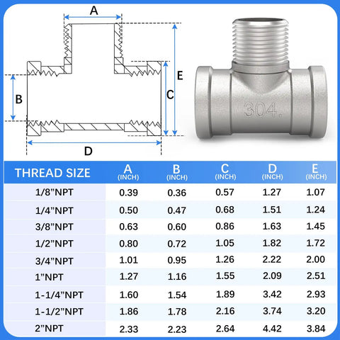304 Stainless Steel Pipe Fitting Male Branch Tee 1 1/4 Inch Npt Female To Male To Female Thread Adapter dimensions and design