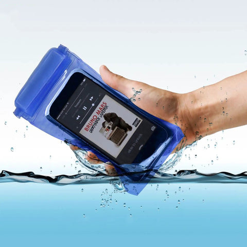 Hand holding a smartphone in a blue waterproof case, partially submerged in water, displaying music app on screen.