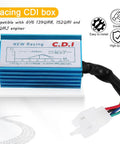 Racing 5 Pin AC CDI Box For GY6 Engines 50cc To 150cc Fits Scooters ATVs Go Karts Mopeds Quad Dirt Bikes Pit Bikes Chopper XR50 CRF50 139QMB 152QMI 157QMJ Performance Ignition Module, close-up of blue ignition module with plug and wires.