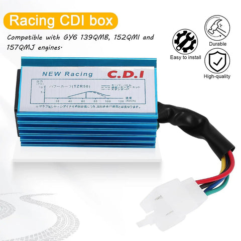 Racing 5 Pin AC CDI Box For GY6 Engines 50cc To 150cc Fits Scooters ATVs Go Karts Mopeds Quad Dirt Bikes Pit Bikes Chopper XR50 CRF50 139QMB 152QMI 157QMJ Performance Ignition Module, close-up of blue ignition module with plug and wires.