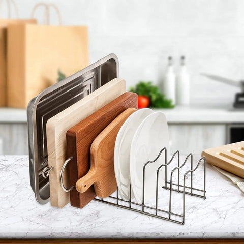 Super Sturdy Stainless Steel Pot Lid Organizer And Cutting Board Rack That Handles Bakeware Pots Pans Serving Trays And Storage Containers Directly Inside Kitchen with wooden and stainless steel boards.