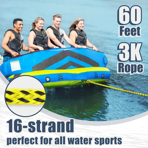 Group using 60 Ft Three Rider Tow Rope For Water Sports Durable UV Resistant Pre Stretched Thick Boat Towline For Tubes Wakeboards Kneeboards And Inflatable Towables Tangle Free Storage And Heavy Duty Construction Tough As Nails