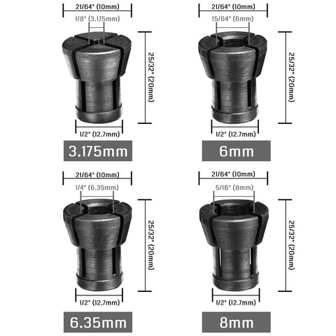 Router Collet Kit With Four Collets One Eighth Inch One Fifteen Sixty Fourth Inch One Quarter Inch And One Five Sixteenth Inch For Trim Routers And CNC Machines Pro Grade Durable Quick Change Fit with measurements