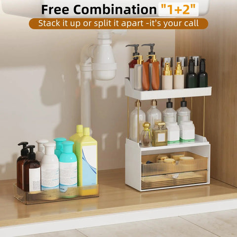 Super Clear Acrylic Vanity Drawer Organizer For Bedroom And Bathroom Counter To Store Skincare Perfume Makeup And Cosmetics, showcasing stacked bottles and jars.