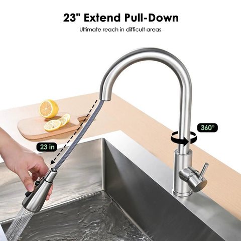 Premium Stainless Steel Pull Down Kitchen Faucet With Three Mode Spray Head being pulled down 23 inches over a sink.