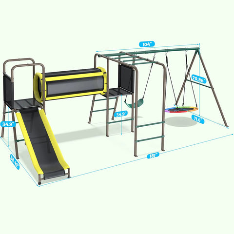 All In One Backyard Swing Set With Slide Crawl Tunnel And Monkey Bars For Kids Aged 3 To 12 Outdoor Metal Playground Set with dimensions