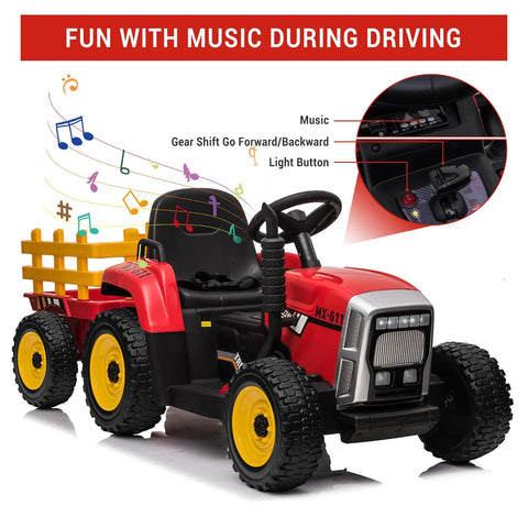 12V Kids Ride On Tractor With Trailer And Remote Control, 5 MPH Speed, Red Electric Tractor For Toddlers with USB Music Feature