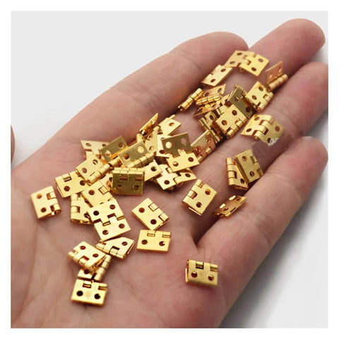 30 Pack Mini Copper Hinges For Dollhouse And Tiny Wooden Boxes Realistic Small Hinge Hardware held in hand