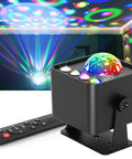 Disco Ball Light Party Lamp With Sunset Mode and 6 Working Modes, shown with remote, projecting colorful patterns on ceiling.