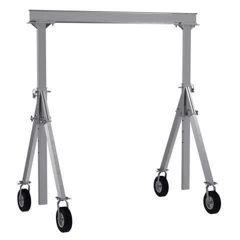 Heavy Duty Aluminum Adjustable Height Gantry Crane With Swivel Pneumatic Casters 10 Ft By 8 Ft Span 1500 Pound Capacity side view with smooth rolling wheels
