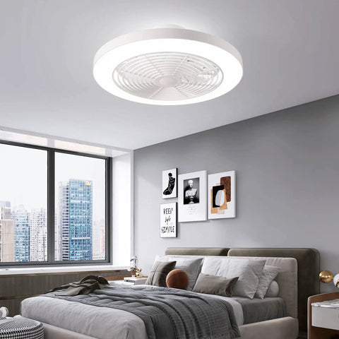Low Profile Ceiling Fan With Remote Dope Quiet DC Motor 19.7 Inch Flush Mount 8 Blade Design in modern bedroom.