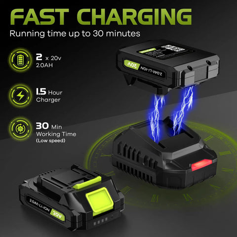 Cordless Leaf Blower With 2 Batteries And Charger, battery charging with fast charger and 30-minute runtime displayed
