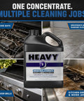 Heavy Lifter Industrial Degreaser Concentrate bottle with images of cleaned engine bays, floors, grills and kitchen areas.