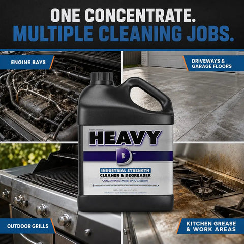 Heavy Lifter Industrial Degreaser Concentrate bottle with images of cleaned engine bays, floors, grills and kitchen areas.