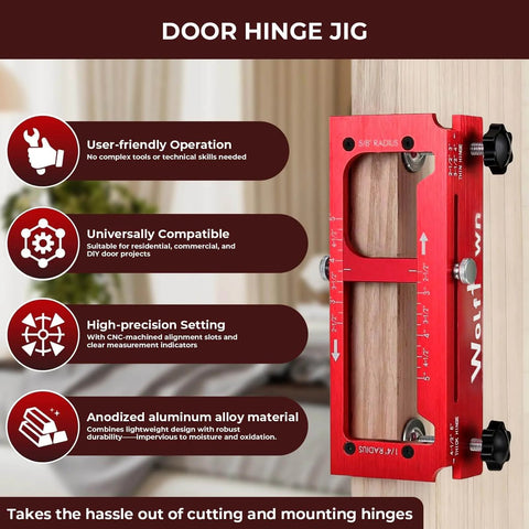 Rugged Aluminum Door Hinge Jig For Precise Mortises Built To Last, Adjustable Router Jig shown vertically attached to a door edge.