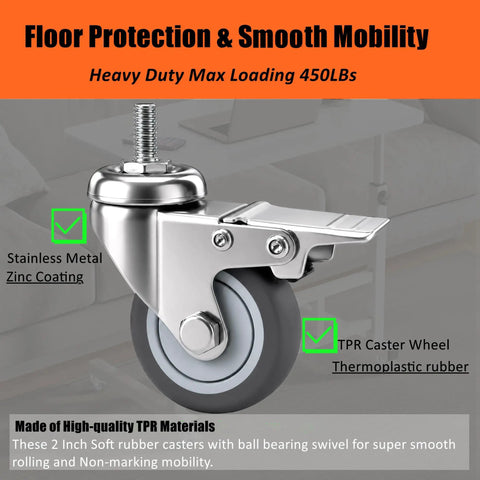2 Inch M8-1.25 Metric Caster Wheels With Locking Brakes Set Of 4 TPR Swivel Casters showing stainless metal, zinc coating, and gray rubber design.