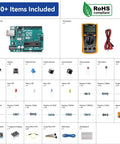 Beginner Friendly Arduino Uno R3 Lab Starter Kit With Multimeter, 34 Projects, 40 Plus Video Courses, Breadboard And Battery, RoHS Compliant components array