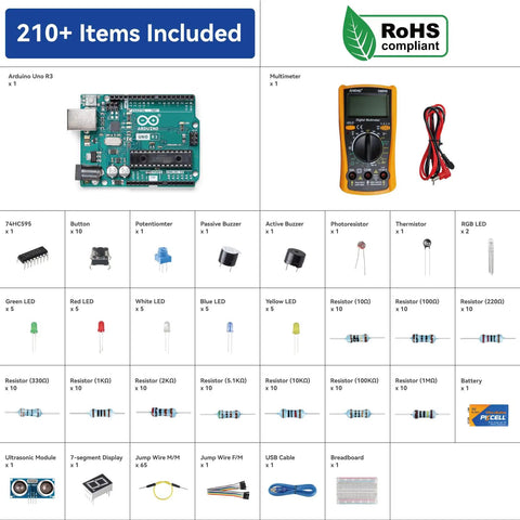 Beginner Friendly Arduino Uno R3 Lab Starter Kit With Multimeter, 34 Projects, 40 Plus Video Courses, Breadboard And Battery, RoHS Compliant components array