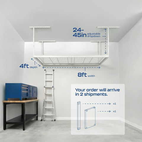 Kick Floor Space Back With This Tough As Nails 4X8 Ceiling Mounted Garage Storage Rack. Heavy Duty 500 Lb Capacity, Adjustable 24 To 45 Inch Drop Down Height, White Steel Build, Keeps Gear Stacked Safe Up Top