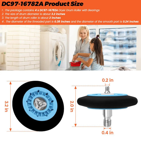 2026 Upgraded Dryer Drum Roller With Bearings Kit Pack Of Four for Samsung dryers shown with measurements and installation scene