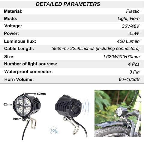 Waterproof Ebike Light Kit With Turn Signals And Tail Light Front Headlight With Horn 36V 48V Compatible Includes Switch 1T3 Connecting Cable Waterproof Connectors All In One Bike Lighting System For Day To Night Rides Street Ready