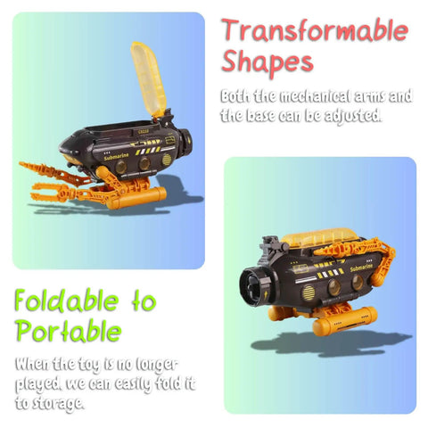 Rad Submarine Toy for Kids with Robotic Arms adjustable base transformable shapes, deep sea probe action in bright orange.