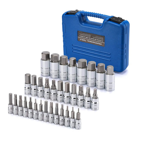 33 Piece Hex Bit Socket Set Master Kit with S2 and Cr-V steel, SAE and Metric sockets 2-19mm 5/64-3/4 inch, pro grade in blue case
