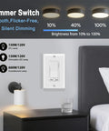Single Pole Or 3 Way Dimmer Light Switch 1 Pack Heavy Duty Quick Install For Home Fixtures on a wall next to bedside table.