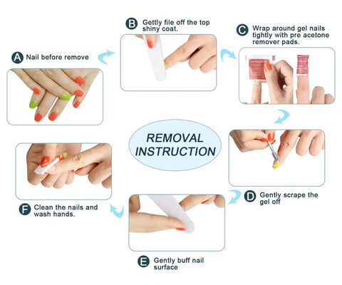 Step-by-step removal instruction for Glitter Gel Nail Polish Set For Christmas 6 Colors 10ml Each Vegan Cruelty Free Hema Free Gift Kit