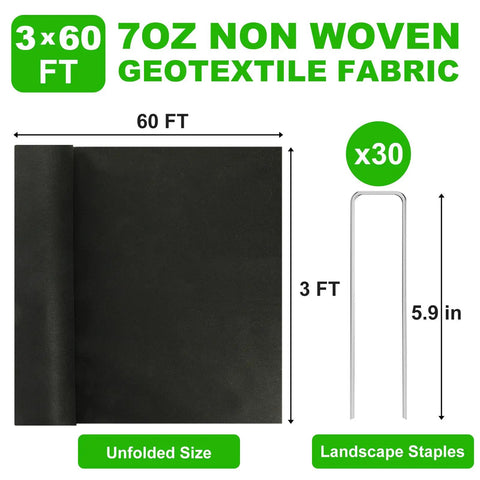 7oz Non Woven Geotextile Fabric With Stakes For French Drains 3x60ft High Permeability Drainage Fabric and 30 landscape staples