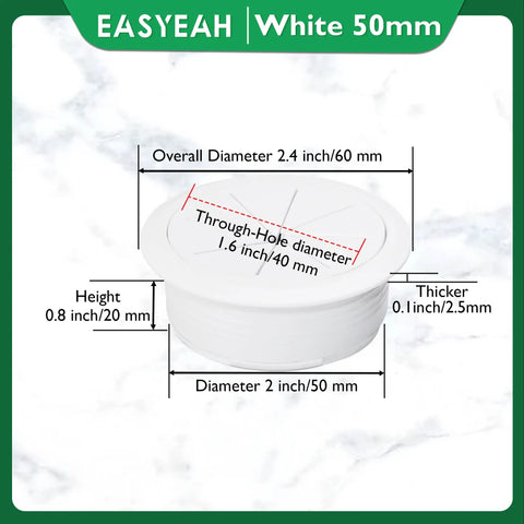 Top Tier White Desk Grommet 2 Pack No Fuss Cable Hole Cover For Office Setup 2 Inch Cord Organizer dimensions diagram.