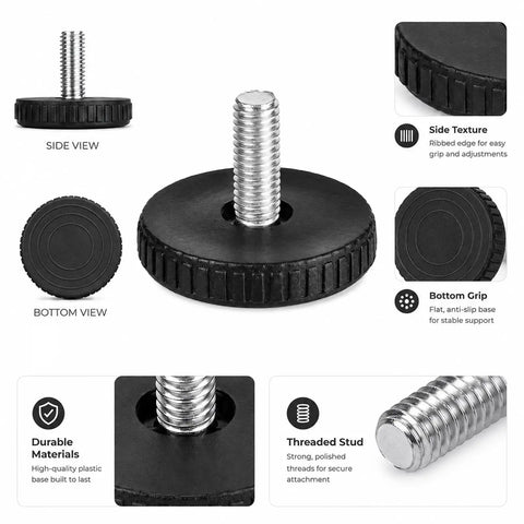 Heavy Duty Adjustable Furniture Levelers 12 Pack With Durable Rubber Anti Slip Bottoms shown from multiple angles showcasing design details.