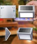 Dimensions and features of Solar Step Lights For Decks Pathways Stairs And Yard Fences LED Outdoor Waterproof Warm White Glow No Fuss Install
